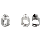 Interlocking koru rings in silver with sandblasted surfaces and rhodium plating by Sarah Herriot.