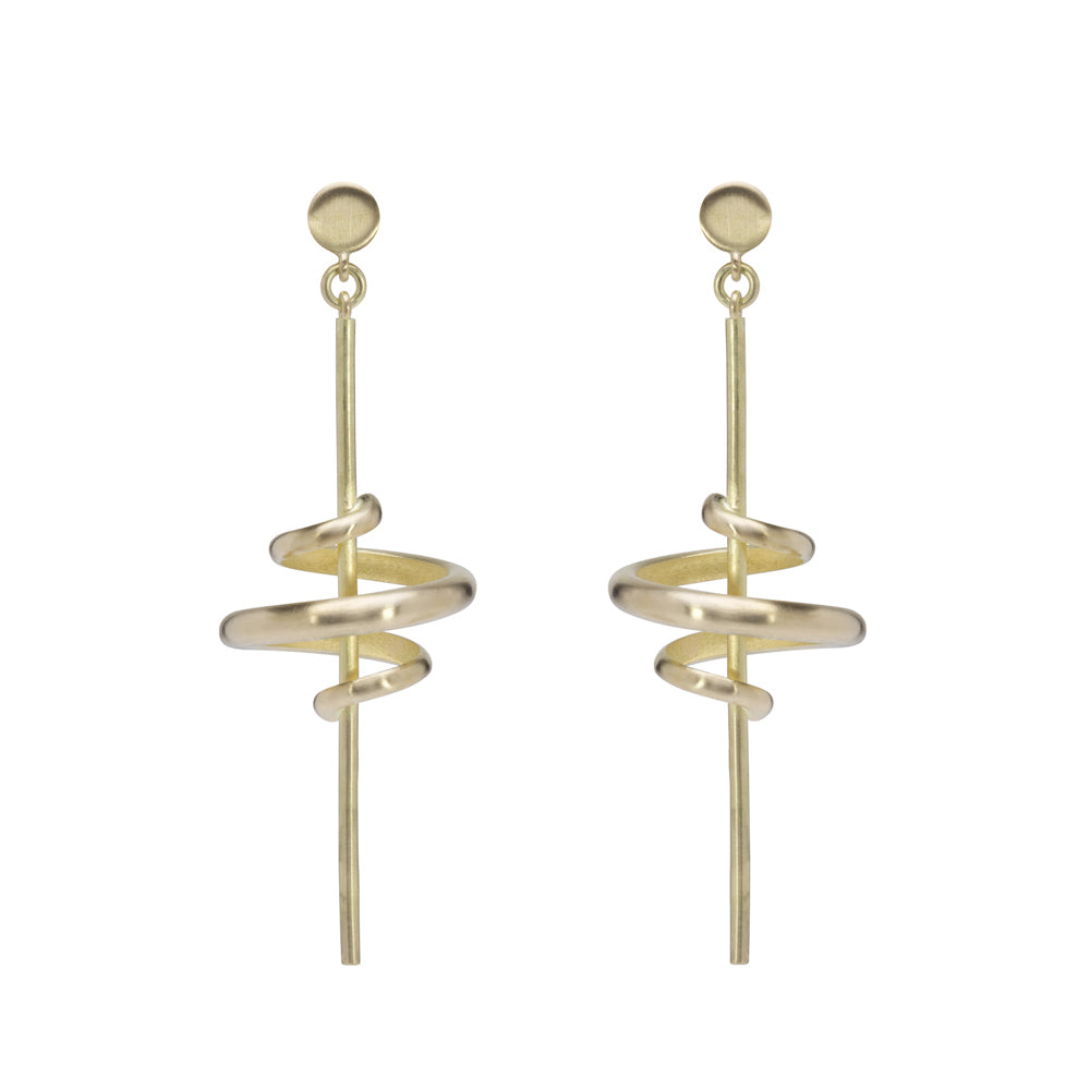 Acrobat long drop earrings in 18ct gold by Sarah Herriot.