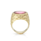 Strata ring in 18ct gold with beautiful rhythmic indented pattern covering the walls and set with a large juicy rubellite tourmaline. This ring has a flat base, so will stand up by itself, still working when not being worn. Strata ring by Sarah Herriot.