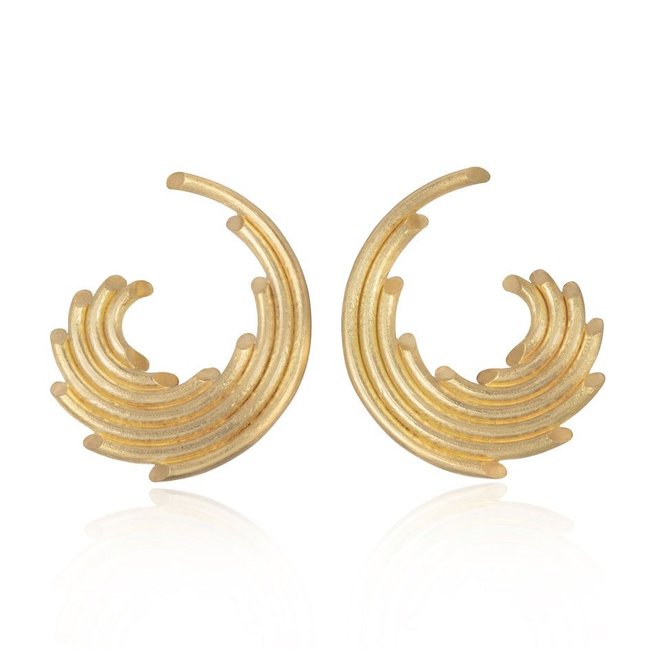 Corryvreckan stud earring with a swirl of gold lines in 18ct yellow gold with a deep textured finish. Corryvreckan stud earrings by Sarah Herriot.