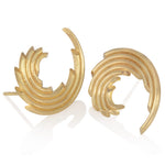 Corryvreckan stud earring with a swirl of gold lines in 18ct yellow gold with a deep textured finish. Corryvreckan stud earrings by Sarah Herriot.