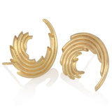 Corryvreckan stud earring with a swirl of gold lines in 18ct yellow gold with a deep textured finish. Corryvreckan stud earrings by Sarah Herriot.