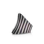 Corset ring is formed of elegant tapered lines in silver, with a two way curve and oxidised recesses accentuating the flowing design. Corset ring by Sarah Herriot.
