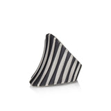 Corset ring is formed of elegant tapered lines in silver, with a two way curve and oxidised recesses accentuating the flowing design. Corset ring by Sarah Herriot.
