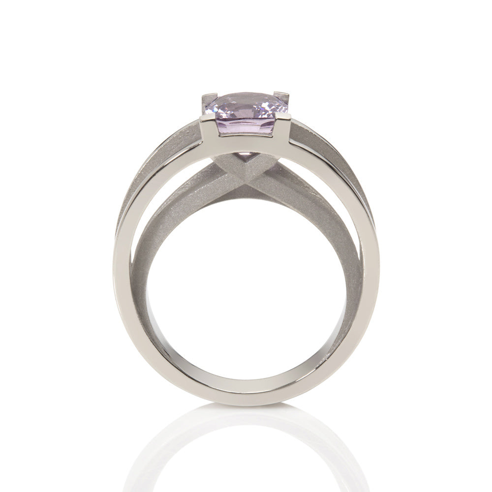 Crane ring in platinum with cushion lavender spinel by Sarah Herriot.