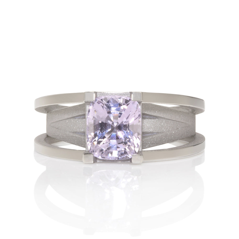 Crane ring in platinum with cushion lavender spinel by Sarah Herriot.