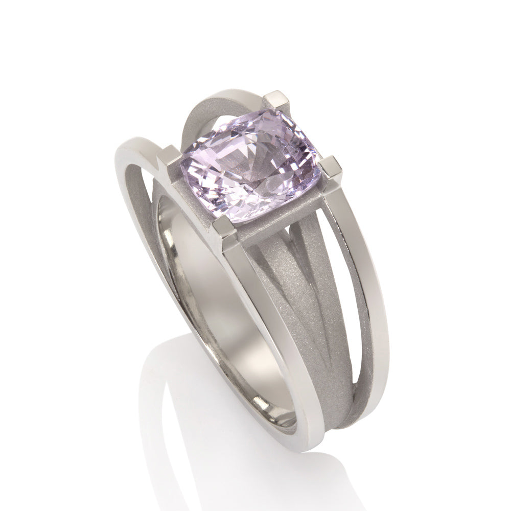 Crane ring in platinum with cushion lavender spinel by Sarah Herriot.