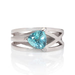 Platinum crane ring in platinum with clients trillion pariba tourmaline by Sarah Herriot.