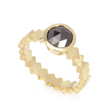 Intricate layered cube band ring in 18ct gold holds an elegant rose cut black diamond. Cube band ring by Sarah Herriot.