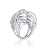 Double crane ring in silver with sandblasted surfaces and rhodium plating by Sarah Herriot.