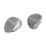 Escalator ring is a clever design formed of spaced sheets of silver with a gently undulating surface where the oxidised recesses accentuate the form. An abstract form with linear deconstruction.  Escalator ring by Sarah Herriot.