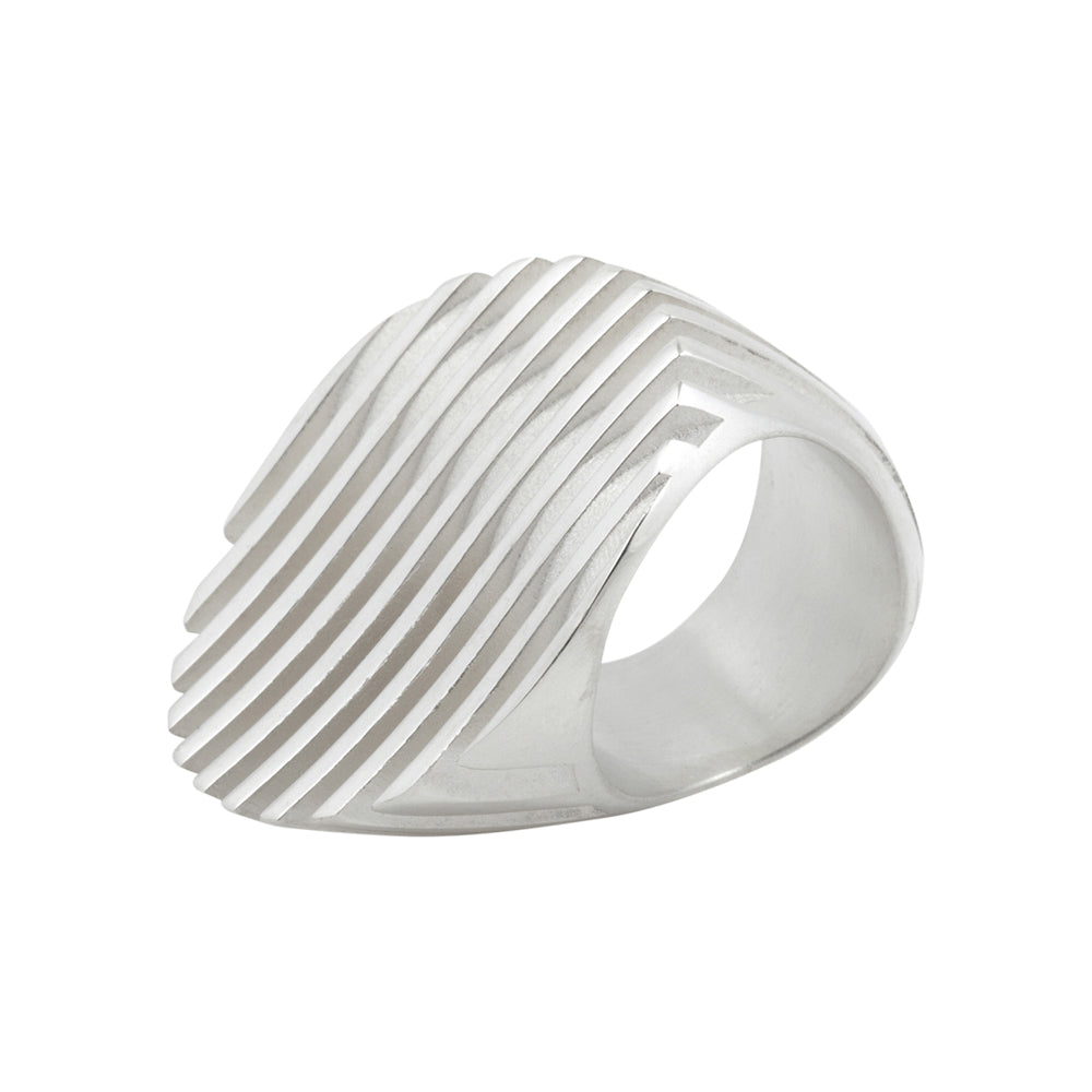Escalator ring in silver by Sarah Herriot.