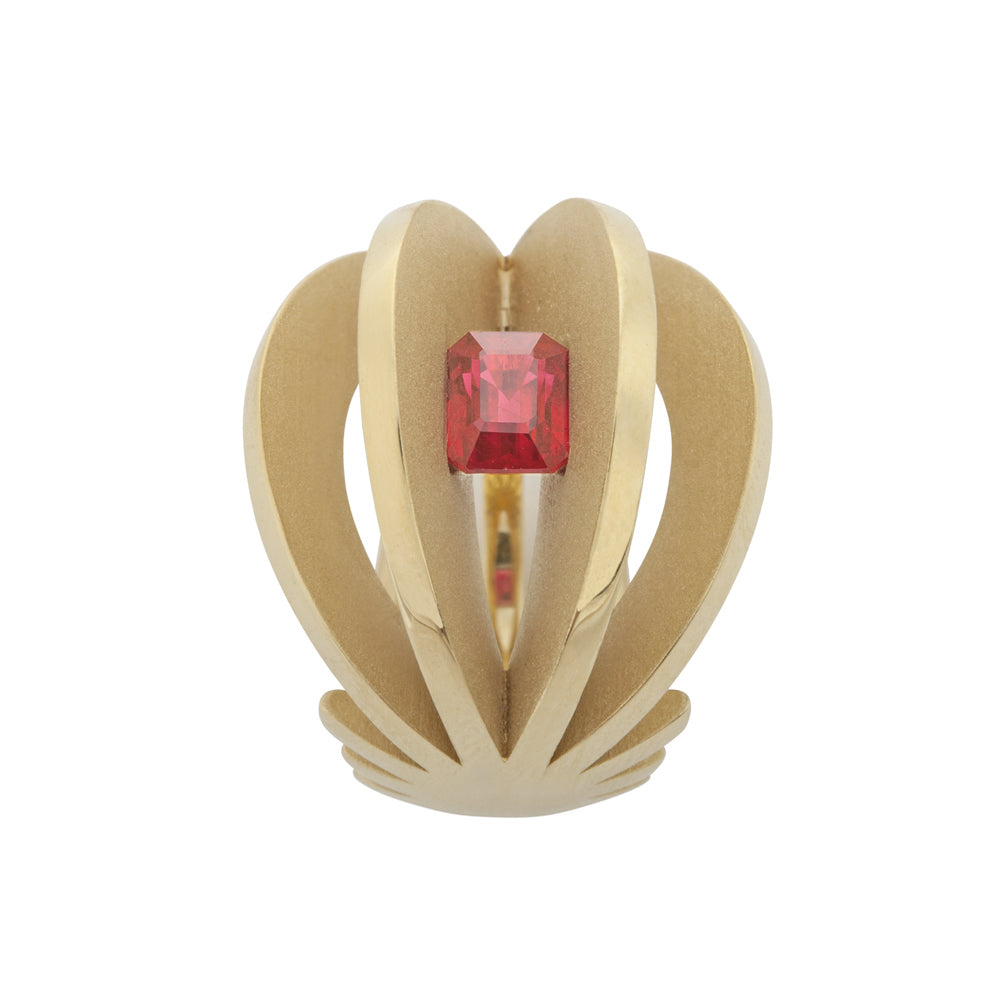 Fantastic ring in 18ct gold with clients emerald cut ruby by Sarah Herriot.