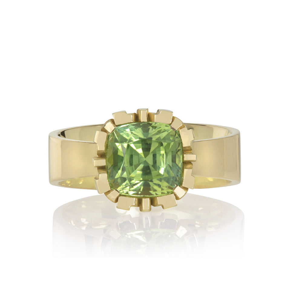 Flax ring in 18ct gold with cushion fresh green tourmaline by Sarah Herriot.
