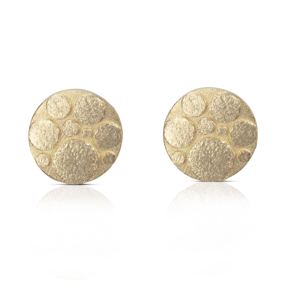 Galaxy stud earrings, constructed using a circle motif in 18ct gold.  Galaxy stud earrings by Sarah Herriot.