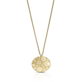 Galaxy necklace is an elegant construction using oval motif in 18ct gold. Sarah's imagining of the night sky, packed full of stars, as it was in her childhood in New Zealand. Her design runs through both sides of the surface, one side convex, the other concave. Galaxy necklace by Sarah Herriot.