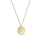 Galaxy necklace is an elegant construction using oval motif in 18ct gold. Sarah's imagining of the night sky, packed full of stars, as it was in her childhood in New Zealand. Her design runs through both sides of the surface, one side convex, the other concave. Galaxy necklace by Sarah Herriot.