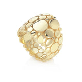 Galaxy ring is an elegant construction using circle motif in 18ct gold.  Galaxy ring by Sarah Herriot.  Polished exterior and interior.