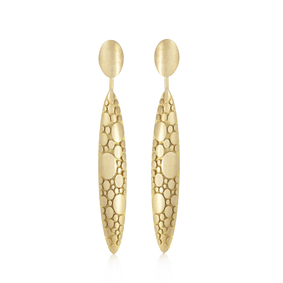 Galaxy earrings, studs fitting with an elegant long drop constructed using circle motif in 18ct gold. Galaxy long drop earrings by Sarah Herriot.