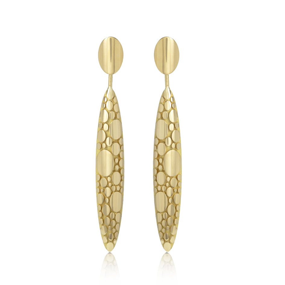 Galaxy earrings, studs fitting with an elegant long drop constructed using circle motif in 18ct gold. Galaxy long drop earrings by Sarah Herriot.