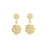 Galaxy earrings, stud fitting with an circular drop constructed using a circle motif in 18ct gold.  Galaxy drop earrings by Sarah Herriot.