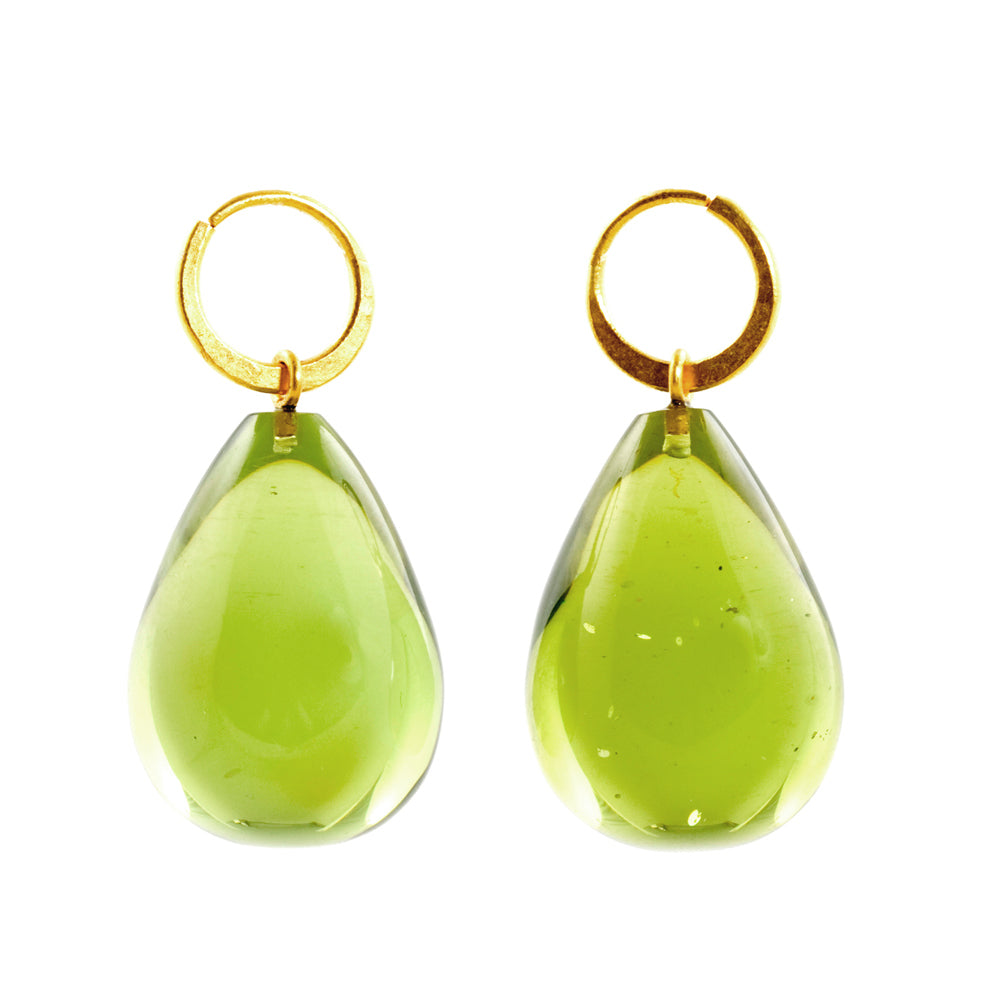 Green amber and 24ct gold hoop earrings in 18ct gold by Sarah Herriot.