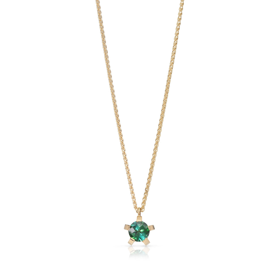 Green tourmaline splice collet 5 claw pendant in 18ct gold by Sarah Herriot.