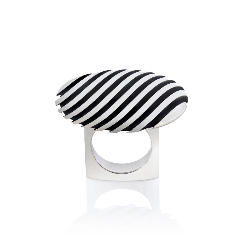 Hazard ring in silver with oxidised recesses by Sarah Herriot.