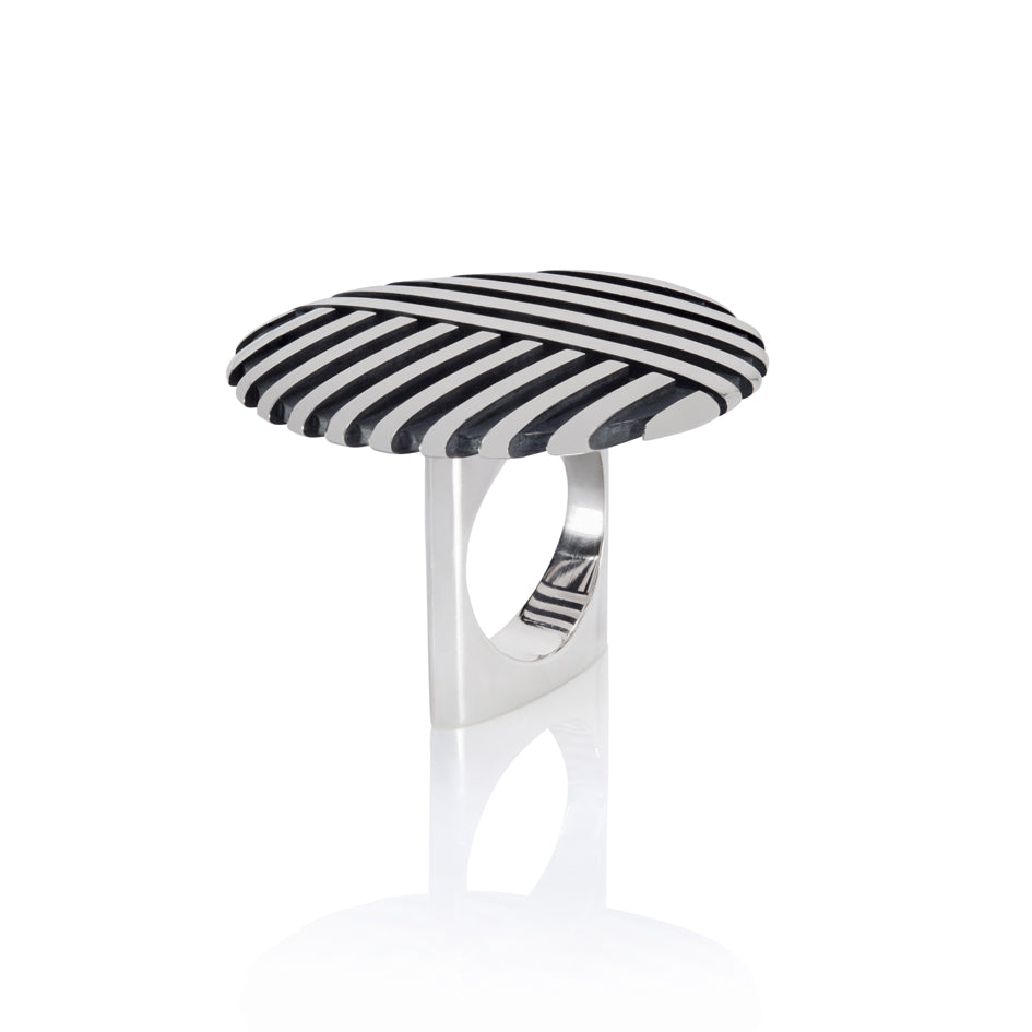 Striped ring in silver with oxidised recesses.  Stripe ring by Sarah Herriot.