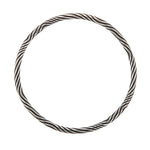 A solid silver torque featuring an abstract rhythmic linear pattern dancing across the surface, the ultimate in understated elegance, with a seamless tension clasp. This timeless piece combines technical precision with minimalist design, offering effortless wearability without compromising on craftsmanship. Jazz tension torque by Sarah Herriot.