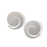 Koru earrings in sandblasted silver with rhodium plating by Sarah Herriot.