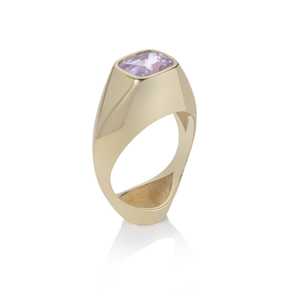 vessel ring in 18ct gold with cushion lavender spinel by Sarah Herriot.