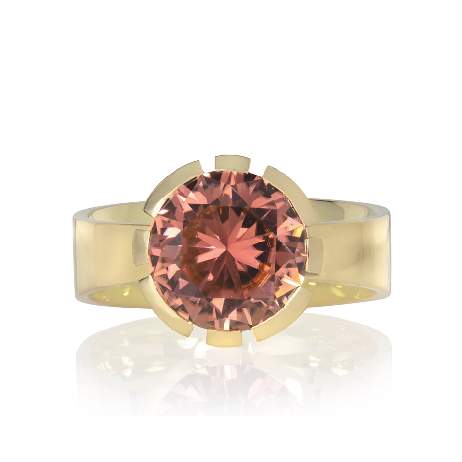 Layer ring in 18ct gold with round peach tourmaline by Sarah Herriot.
