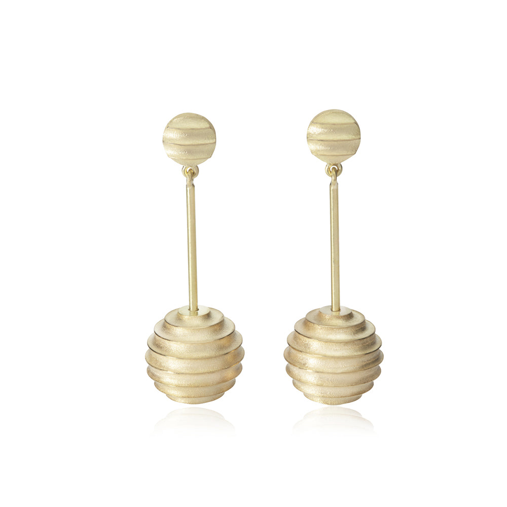 Lunar drop earrings in 18ct gold by Sarah Herriot.