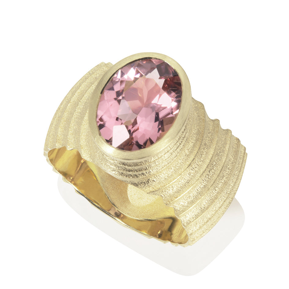 Lunar ring in 18ct gold with oval pink tourmaline by Sarah Herriot.