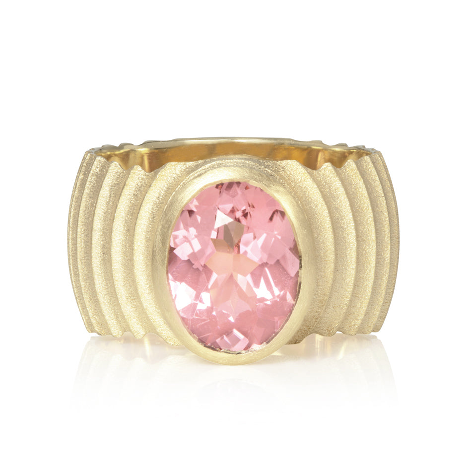 Lunar ring in 18ct gold with oval pink tourmaline by Sarah Herriot.