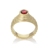 Lunar ring in 18ct gold with round red spinel by Sarah Herriot.