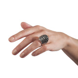 Manhattan ring is a wonderfully architecturally formed ring in silver, the form created from rods of silver with oxidised recesses to accentuate the sculptural nature of the piece. Manhattan ring by Sarah Herriot.