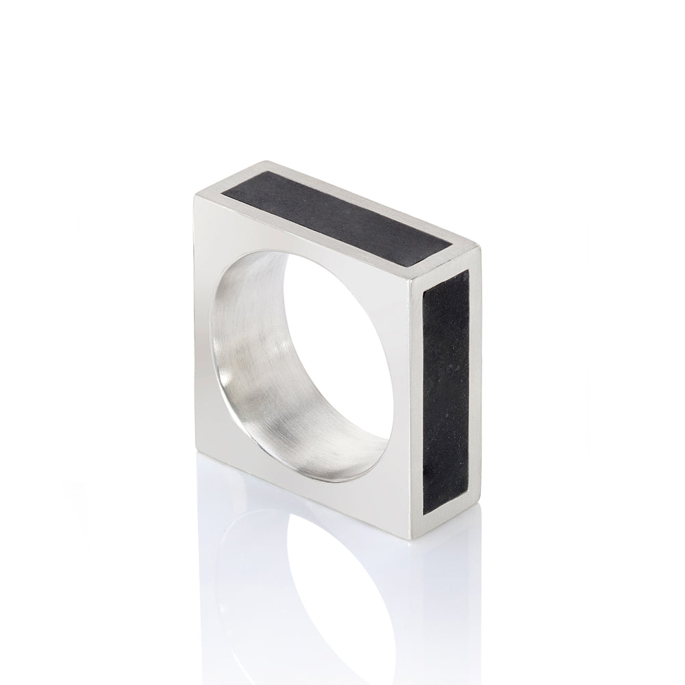 Cube ring inset with very dark green wyoming jade on all sides by Sarah Herriot.