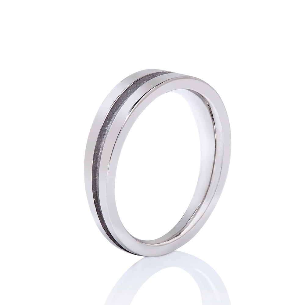 Wedding band in palladium with black rhodium recess by Sarah Herriot.