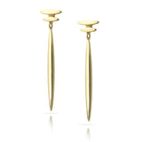 Mirage long drop earrings, a flicker stud with an elegant long drop of light in 18ct gold. Mirage long drop earrings by Sarah Herriot.