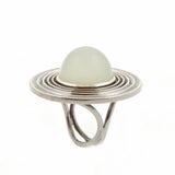 Moon drop ring in 18ct gold with black rhodium plate and cabochon moonstone by Sarah Herriot.