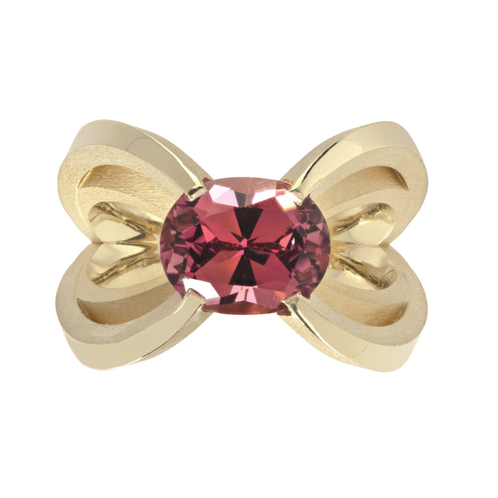 18ct gold papillion ring in 18ct gold with oval pink tourmaline by Sarah Herriot.