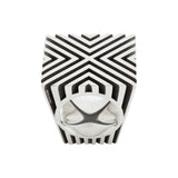 Strikingly geometric, the dramatic parametric ring in silver with oxidised recesses to accentuate the dynamic form. Parametric ring by Sarah Herriot.