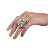 Strikingly geometric, the dramatic parametric ring in silver with oxidised recesses to accentuate the dynamic form. Parametric ring by Sarah Herriot.