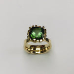 Flax ring in 18ct gold with cushion green tourmaline by Sarah Herriot.