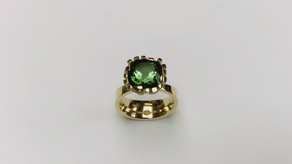 Flax ring in 18ct gold with cushion green tourmaline by Sarah Herriot.