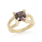 Scaffold ring in 18ct gold with cushion violet spinel by Sarah Herriot.