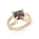 Scaffold ring in 18ct gold with cushion violet spinel by Sarah Herriot.