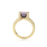 Scaffold ring in 18ct gold with cushion violet spinel by Sarah Herriot.
